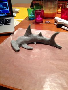 there is a fake shark on the table