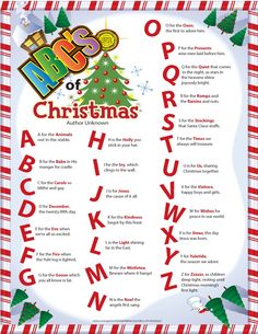 a christmas alphabet poster with the words abcs and letters in red, white and green