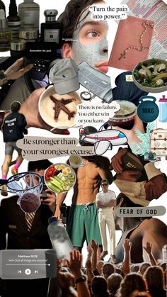 a collage of people with their faces covered in pictures and words, including text