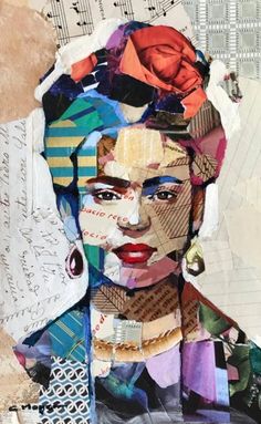 an altered collage of a woman's face with many pieces of paper on it