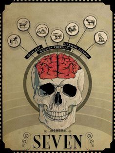 a poster with the words seven on it and a human skull's head surrounded by buttons