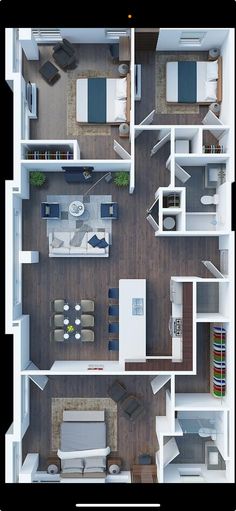 an overhead view of a two bedroom, one bath apartment with living room and dining area