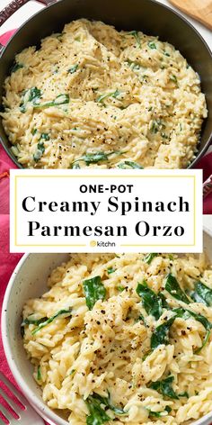 creamy spinach parmesan orzo in a skillet