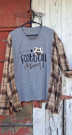 Football Mom Upcycled Tshirt Flannel size LARGE Casual Plaid Cotton T-shirt, Casual Plaid T-shirt For Fall, Casual Plaid T-shirt With Graphic Print, Fall Oversized Graphic Tee, Plaid Cotton Tops With Letter Print, Upcycled Tshirt, Upcycle Tshirt, Football Mom, Upcycle Clothes