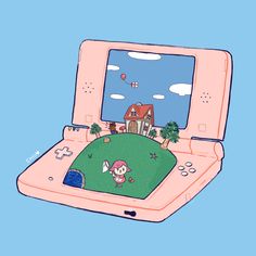 an open laptop computer with a cartoon character on it's screen and a house in the background