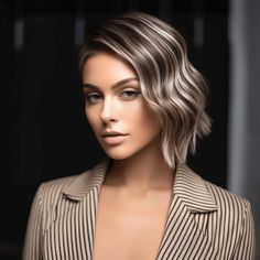 Dark Brown with Sleek Silver Stripes Grey Hair Transformation, Short Bobs