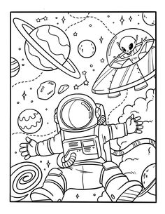 an astronaut coloring page with space and planets