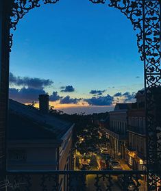 the view from an iron gate at dusk