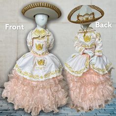 Beautifully handmade by artesan hands in Mexico Embroidered and elegantly stitched  Very good quality material  The gold ruffle from below is an underskirt that detaches to make a shorter dress... Includes: 💖corset, jacket 💖detachable skirt 💖charro bow 💖charro hat Please allow 21-30 days for your order to process and ship. Mariachi Dress, Charro Hat, Pink Gold Dress, Mariachi Suit, Charro Suit, Mexican Style Dresses, Corset Jacket, Pink And Gold Dress, Mexican Shirts