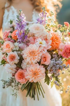 Field of Dreams Spring Wedding Bouquet Pampas Spring Wedding, Spring Floral Wedding Bouquet, Pink Orange Yellow Bridal Bouquet, Pink Wildflower Wedding, Wedding Bouquets With Peonies, Pink Wedding Bouquet Ideas, Blush Pink And Green Wedding, Pink Wildflower Bouquet, Pink And Champagne Wedding