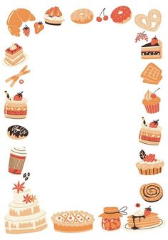 a frame made up of different types of cakes and pastries on a white background