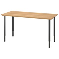 a wooden table with metal legs on a white background