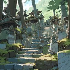 石の階段 Japan Environment Concept Art, Anime Temple Background, Enviroment Concepts Art, Japanese Environment Concept Art, Fantasy Environment Concept Art, Temple Concept Art, Ruins Background, Game Environment Concept Art