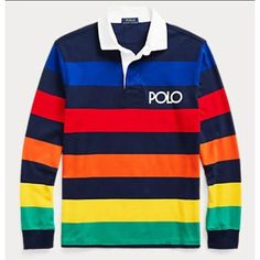 Polo Ralph Lauren Rainbow Striped Rugby Classic Fit Jersey Shirt Men Size Medium. Brand New With Tags Check All Pictures For Details And Measurements We Will Pack And Ship Out Fast Blue Long Sleeve Shirt With Contrast Stripes, Casual Blue Shirt With Contrast Stripes, Blue Cotton Shirt With Contrast Stripes, Multicolor Cotton Polo Collar Shirt, Multicolor Cotton Polo Shirt, Multicolor Long Sleeve Cotton Polo Shirt, Navy Long Sleeve Color Block Top, Blue Long Sleeve Cotton Polo Shirt, Navy Long Sleeve Tops With Contrast Stripes