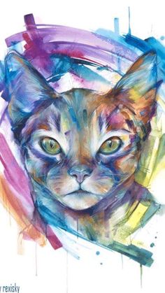 a painting of a cat with green eyes