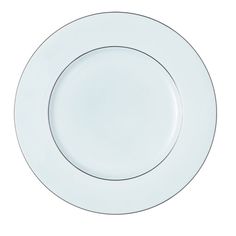 an empty white plate with silver trim on the rim is shown in front of a white background