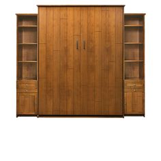 a large wooden bookcase with two doors and shelves on one side, an open door to the other