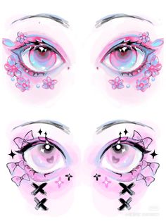 three different images of an eye with pink and blue colors