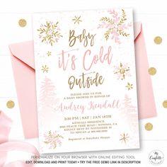 pink and gold baby it's cold outside party card with glitter snowflakes