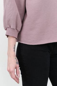 Rachel Comey Fond Sweatshirt in Mauve – Cedar & Hyde Mercantile Cropped Sleeves, Crewneck Design, Tassel Scarf, Skirt Jumpsuit, Rachel Comey, Knit Tees, Sweater And Shorts, The Body Shop, Raw Edge