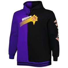 Your Phoenix Suns spirit is noticeable year-round when you sport this Mitchell & Ness Split pullover hoodie during cooler months. It features a two-toned, vertical split design with eye-catching Phoenix Suns graphics. Plus, a midweight construction keeps you warm from tip-off to the final whistle. Hooded Pullover Officially licensed Material: 80% Cotton/20% Polyester Front pouch pocket Pullover Imported Hood with drawstring Machine wash, tumble dry low Brand: Mitchell & Ness Screen print gra Black Throwback Winter Hoodie, Black Throwback Winter Sweatshirt, Phoenix Suns Logo, Sun Logo, Nba Store, Phoenix Suns, Mitchell & Ness, Hooded Pullover, Big & Tall