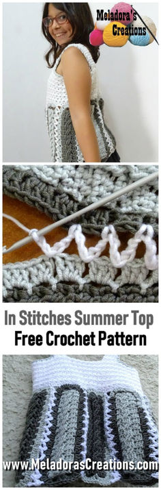 the crochet pattern is shown with text that reads, in stitches summer top free crochet pattern