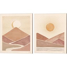 two paintings with mountains and the sun above them