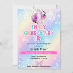 a pink and blue graduation party card with a hot air balloon in the sky on it