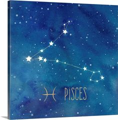 the zodiac sign pisces is painted on a blue watercolor background with stars