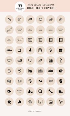 the 50 real estate icons are shown in black and white, with text overlaying them