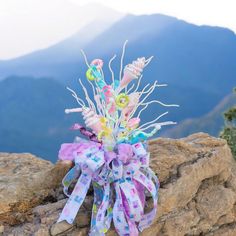 a bouquet of flowers sitting on top of a rocky cliff next to a mountain range