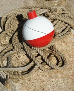 a red and white buoy sitting on top of a rope