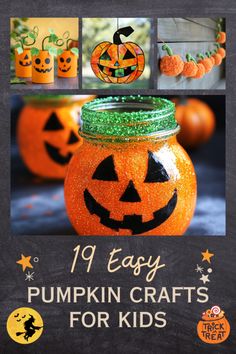 an easy pumpkin craft for kids with instructions to make it in mason jars and decorated pumpkins