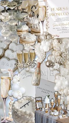 a collage of champagne and pearls on display