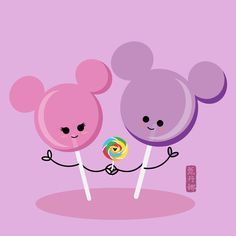 two cartoon characters holding lollipops in front of each other on a purple background