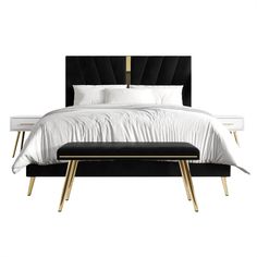 a black and gold bed with white sheets