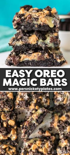 chocolate oreo magic bars stacked on top of each other