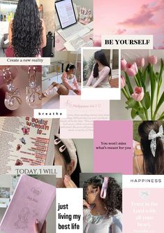 a collage with pink and white images, including flowers, pictures, and words