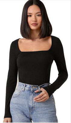 Black Tops With Jeans, Full Sleeve Summer Outfits, Full Sleeve Crop Top Outfits, Full Tops For Women, Black Long Sleeves Outfit, Square Neck Black Top, Full Sleeve Top Outfits, Crop T Shirts For Women, Long Sleeve Black Top Outfit