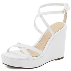 * Platform Wedge * White * Adjustable Straps * Synthetic Upper * Synthetic Sole * Platform/Wedge Heel * 4.5-Inch Heel * Made In Brazil White Wedge Sandals With 4-inch Heel For Summer, White Wedge Sandals With 4-inch Heel For Spring, Chic White Wedge Sandals With Heel Loop, White Wedge Sandals With 4-inch Heel Round Toe, White Wedge Sandals With 4-inch Heel, White Ankle Strap Wedge Sandals With 4-inch Heel, White Wedge Sandals With 4-inch Heel And Ankle Strap, White Synthetic Wedge Sandals With 4-inch Heel, White Wedges