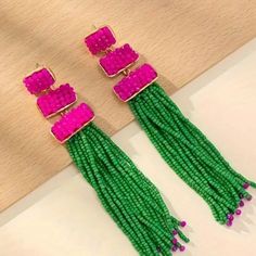 With A Post Back And Elegant All-Over Detailing, These Earrings Are A Scene Stealer. Beautiful Craftsmanship Done With Pink And Green Seed Beads. Approximately 5" In Overall Length. These Are Brand New And Ready To Ship. I Can Have Them In The Mail The Same Day If Your Order Is Complete By Noon Cst. Trendy Pink Beaded Earrings With Round Beads, Trendy Pink Beaded Earrings, Green Tassel Earrings With Colorful Beads, Pink Elegant Beaded Earrings For Beach, Elegant Pink Beaded Earrings For Beach, Pink Tassel Drop Earrings With Colorful Beads, Pink Tassel Earrings With Colorful Round Beads, Pink Beaded Tassel Earrings For Gifts, Trendy Pink Earrings With Dangling Beads