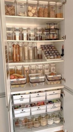 an organized pantry with lots of food and containers