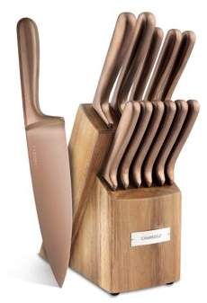 a set of knives in a wooden block