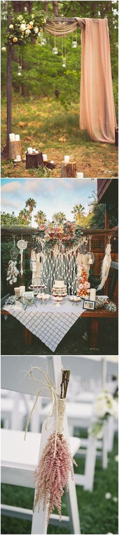 an outdoor ceremony with white chairs and pink flowers on the table, and hanging decorations