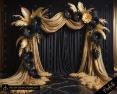 a black and gold stage decorated with flowers, feathers and draperies for an event