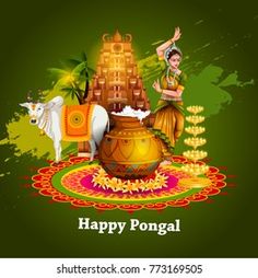 happy pongal greeting card with woman and cow