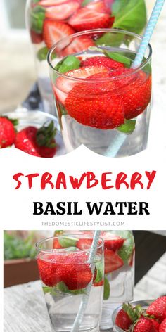 strawberry basil water in glasses with strawberries on the side and text overlay that reads, strawberry basil water