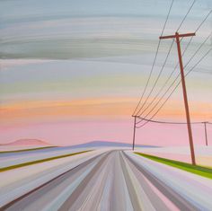 an oil painting of a road with power lines