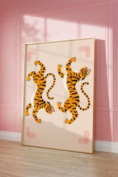 an image of two tigers in the middle of a room with pink walls and wood flooring