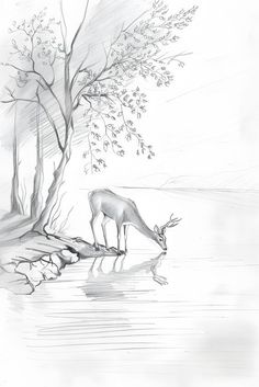 a black and white drawing of a deer drinking water from a pond next to a tree